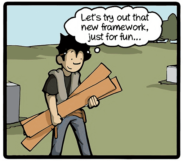 The main character from the comic wants to try something new. They are carrying some wood planks.