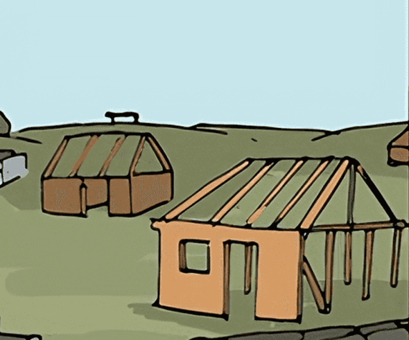 A portion of the comic showing a wood framed house without a foundation and incomplete roof and walls.