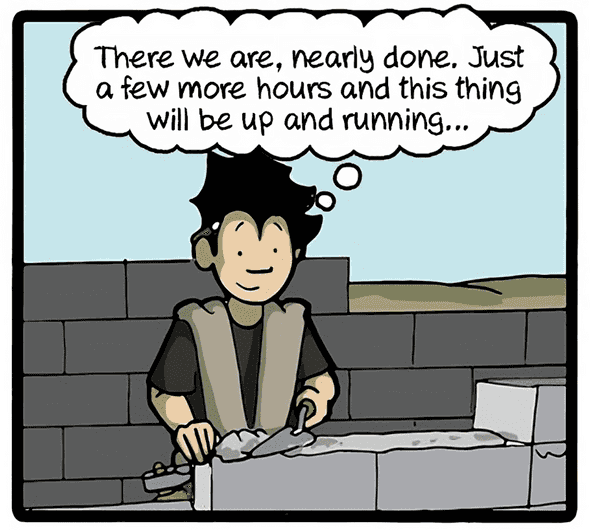 Cell 1 from the commitstrip comic showing a person laying mortar oin cinder blocks.