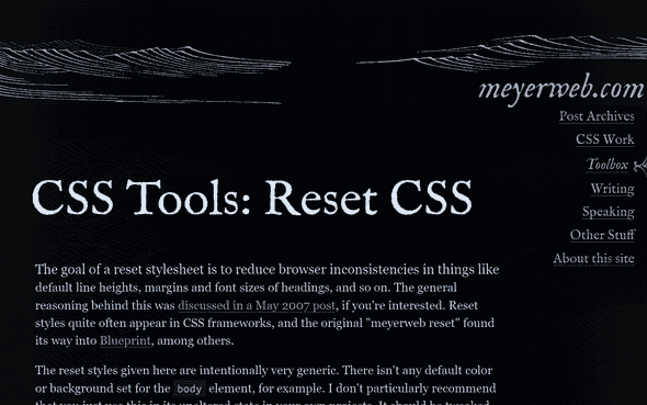 Screenshot of Eric Meyer's CSS Reset website